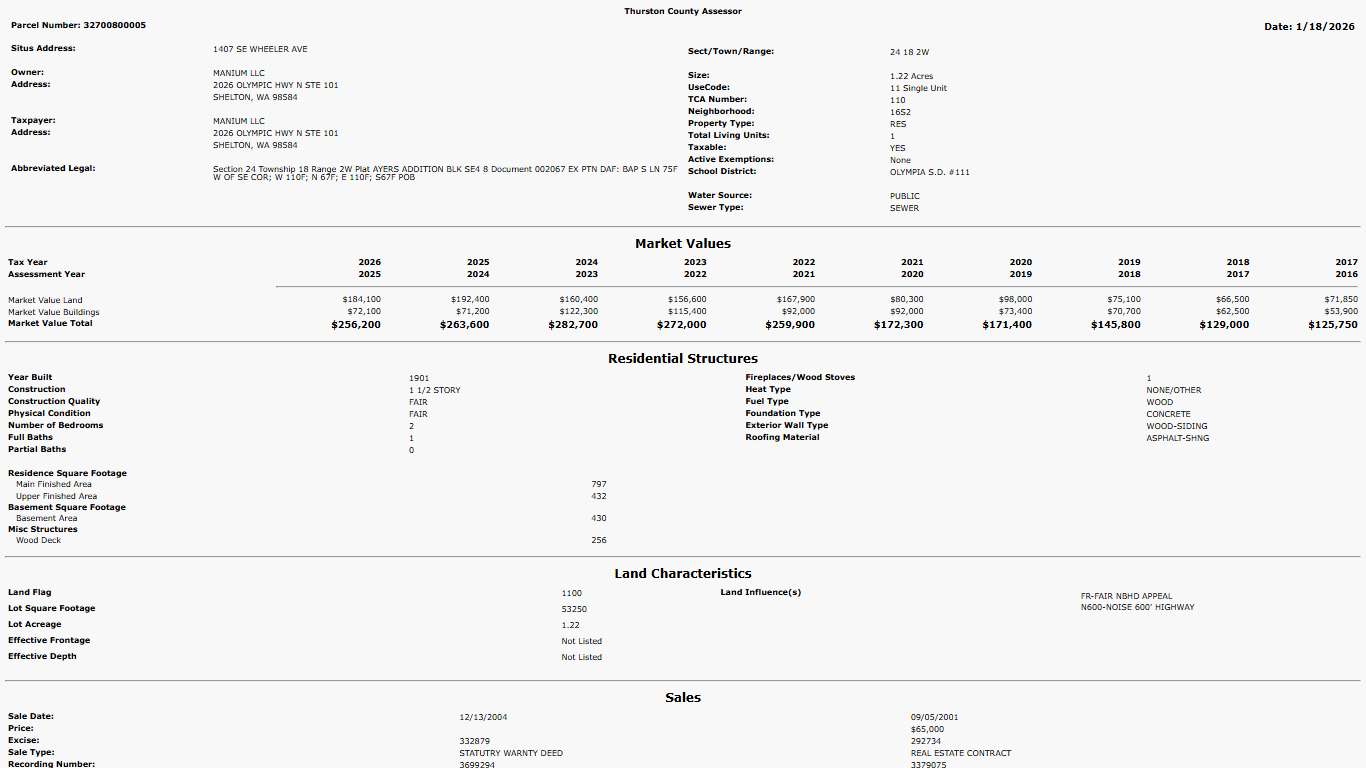 Thurston County A+ Parcel Search: 32700800005