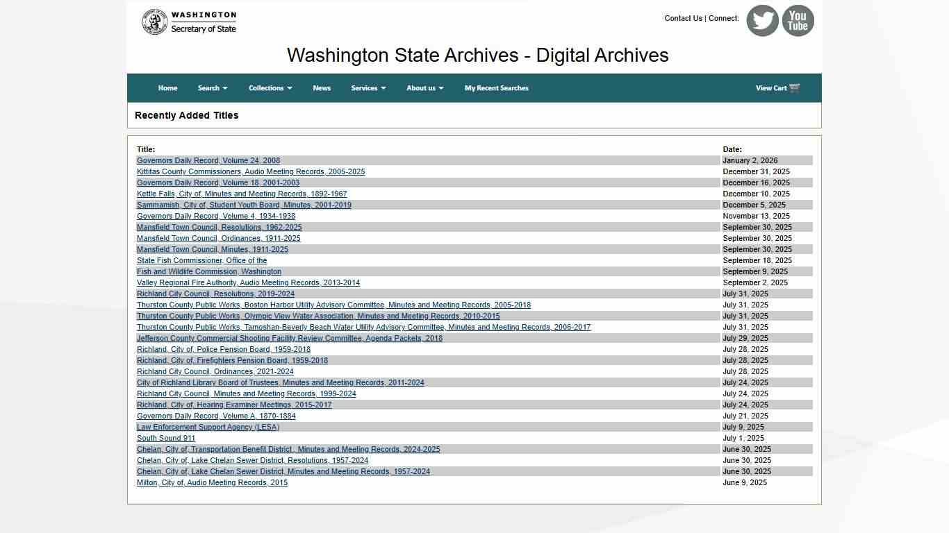 Recently Added Titles - Washington State Archives, Digital Archives